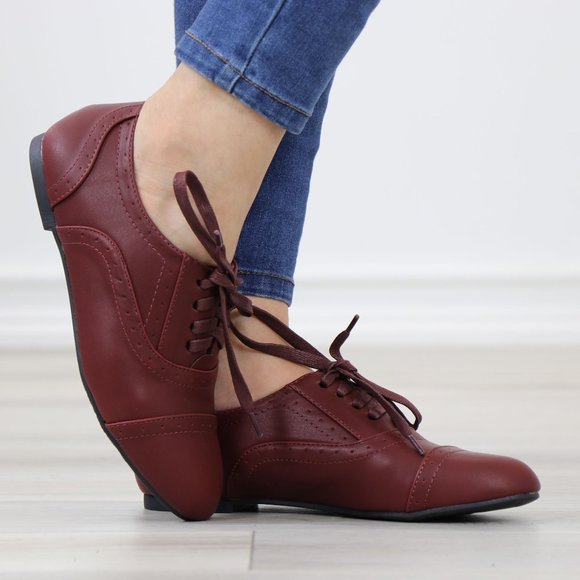Wine Synthetic Leather Lace up Flat Heel Oxford Style Shoes - Picture 6 of 13